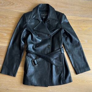 Trina Turk Black Genuine Leather Double-Breasted Belted Trench Coat